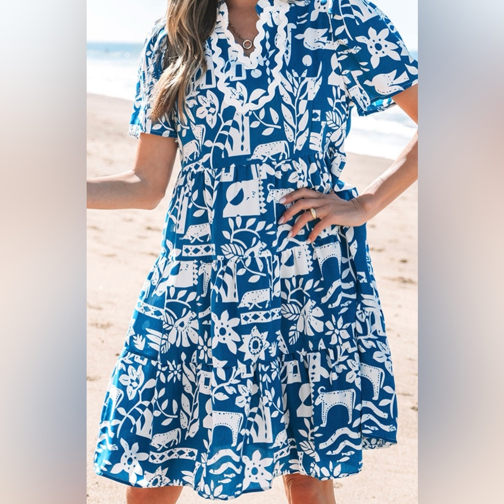 Umgee Blue and White Floral Print Midi Dress